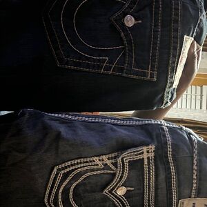 True Religion Men’s Dark Blue Straight Jeans with White Contrast Stitching